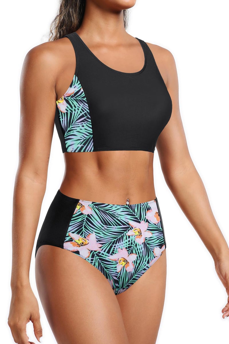 Tempt Me Women Two Piece Black Floral High Waisted Bikini Set Sporty Swimsuits Bathing Suit with Bottom for Teen Girls S - Image 4